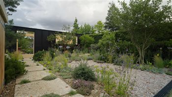 The RHS Resilient Show Garden at RHS Hampton Court 2023, designed by Tom Massey, sponsored by ACO. ACO GravelGuard used to stabilise crushed aggregate and ACO RainDrain laid at the front of garden to catch minimal runoff. 