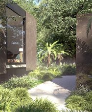 Computer Generated 3D image of a garden design - winding pathway through textured grasses and tree ferns.