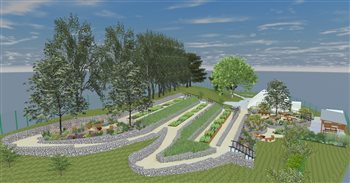 Robertsbridge Community College Living Garden, this vegetable garden is terraced using gabions and has ramped paths for accessible access. There are two gravel garden fire circles, an open cooking shelter and a dining terrace. Awaiting build funds. 