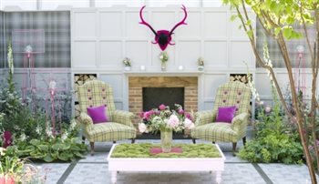 Chelsea garden for House of Fraser 2014.  'The Outdoor Room'.  The brief was to literally create a room outside.  Strong Pinks and Purples were used against a grey background.  Final wall and floor surfacing was used to re-create wallpaper and foors