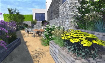 Render of a West facing garden in a coastal location with steps and raised beds leading up to the ground floor level.